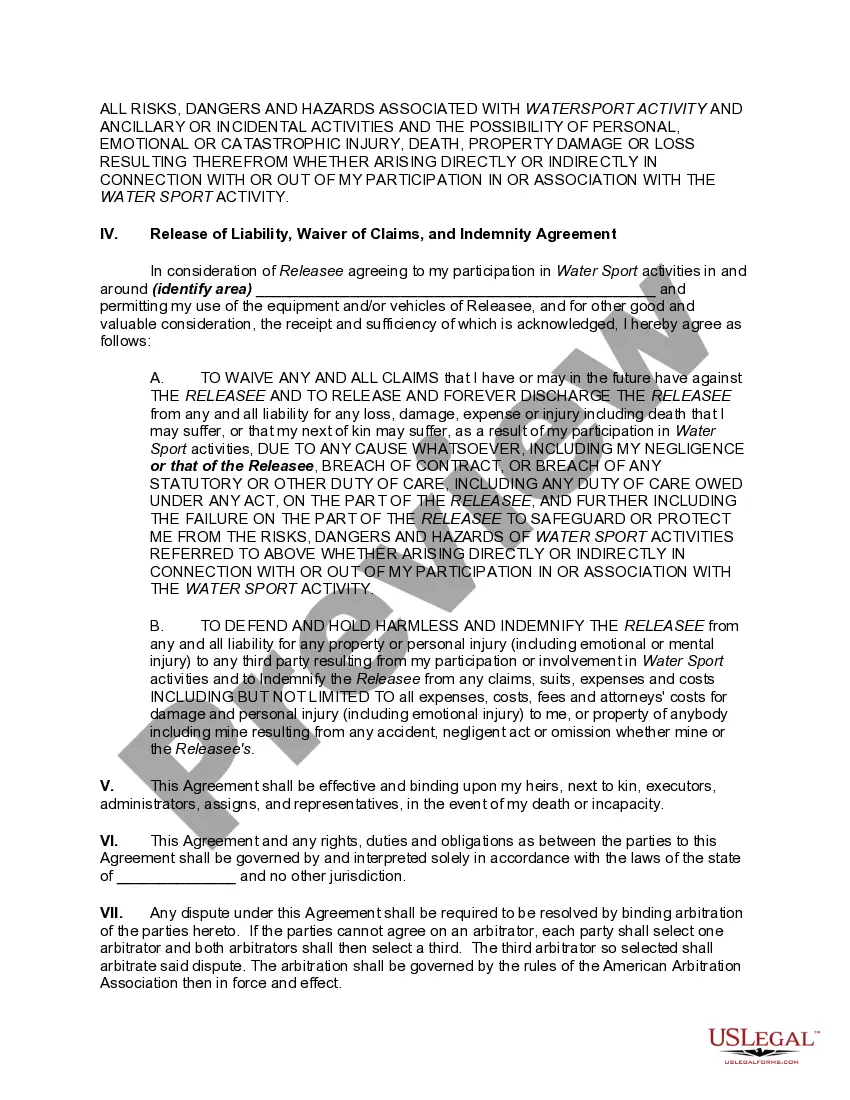Get Waiver, Release, Assumption of Risks and Indemnity Agreement - Participation in Water Sports Preview Waiver, Release, Assumption of Risks and Indemnity Agreement - Participation in Water Sports