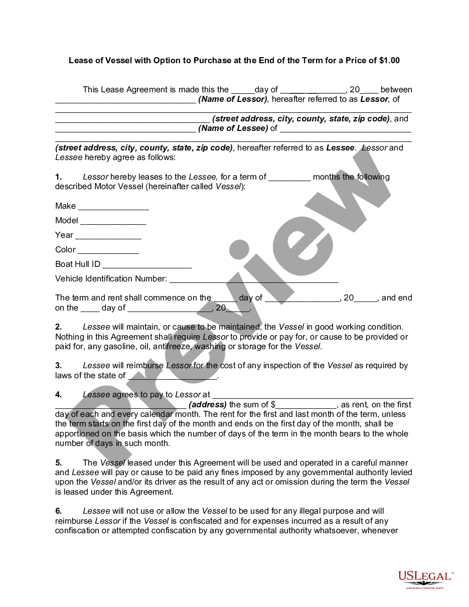 page 0 Lease or Rental Agreement of Vessel with Option to Purchase and Own at the End of the Term for a Price of $1.00 - Lease or Rent to Own preview