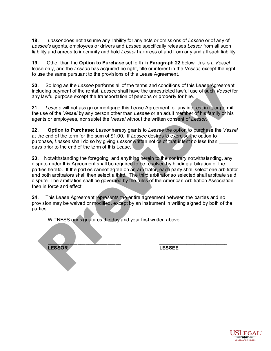 page 2 Lease or Rental Agreement of Vessel with Option to Purchase and Own at the End of the Term for a Price of $1.00 - Lease or Rent to Own preview