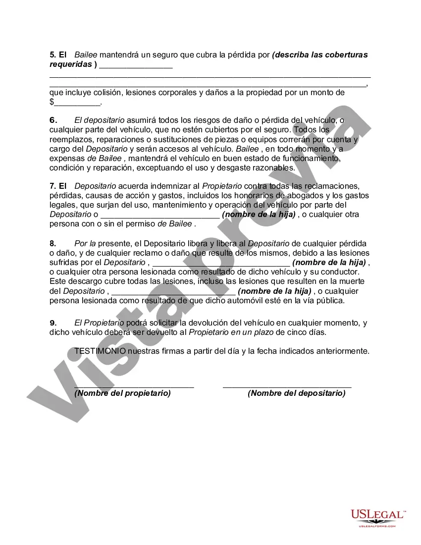 Preview Acuerdo de préstamo de automóvil con acuerdo de liberación e indemnización del depositario