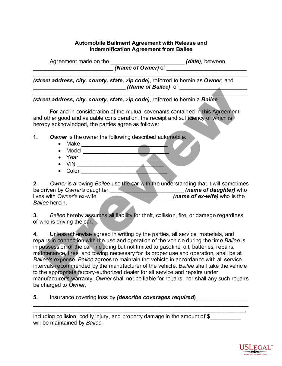 Automobile Bailment Agreement with Release and Indemnification