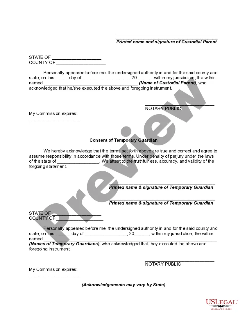 Preview Temporary Guardianship Agreement with Detailed Authorization Regarding the Acquiring of Medical Care for Minor Children - Including Consent of Temporary Guardians