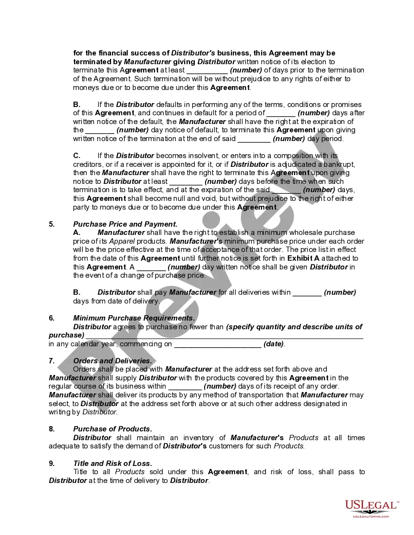 Preview Exclusive Distributorship Agreement for Sale of Wearing Apparel