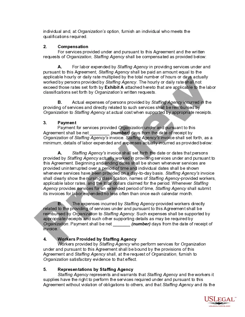 Get Agreement between Care Giving Organization and Nurse Staffing Agency Preview Agreement between Care Giving Organization and Nurse Staffing Agency