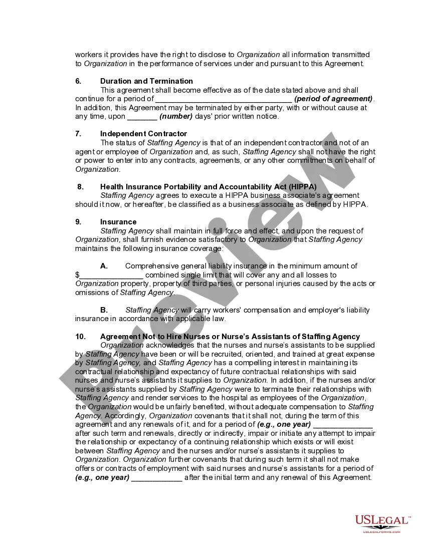 Get Agreement between Care Giving Organization and Nurse Staffing Agency Preview Agreement between Care Giving Organization and Nurse Staffing Agency