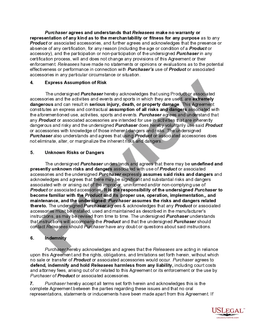 Get Release, Waiver of Liability, Assumption of Risk and Product Safety Warning Agreement Regarding Sports Related Protection Product Preview Release, Waiver of Liability, Assumption of Risk and Product Safety Warning Agreement Regarding Sports Related Protection Product