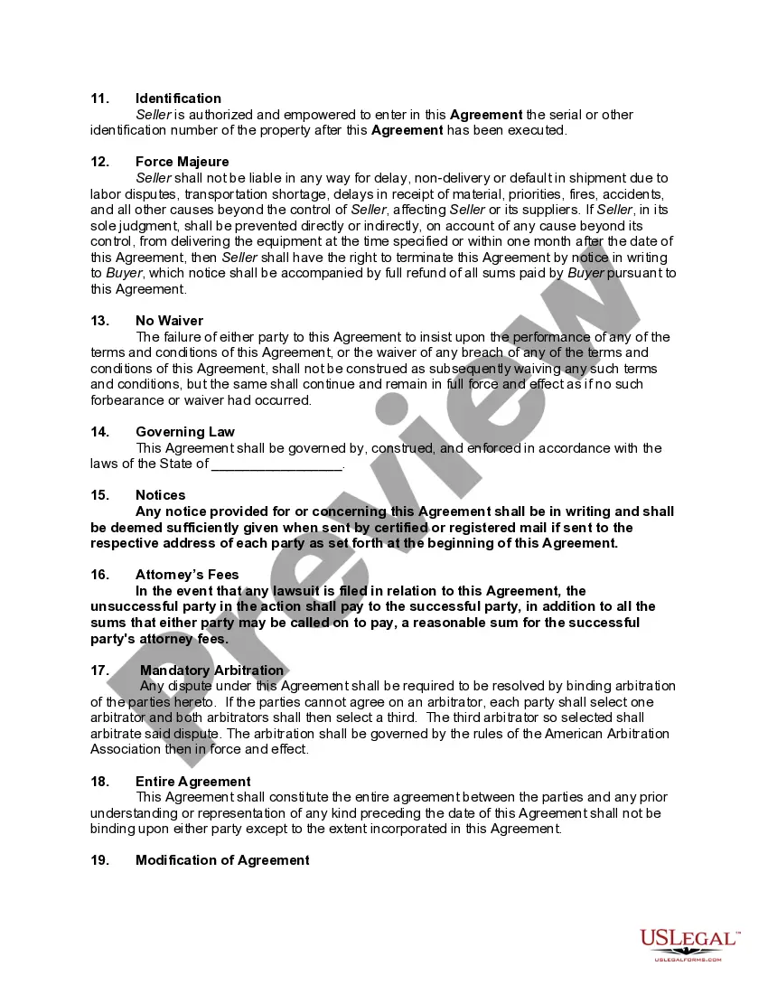Preview Basic Agreement for Sale of Machinery or Equipment
