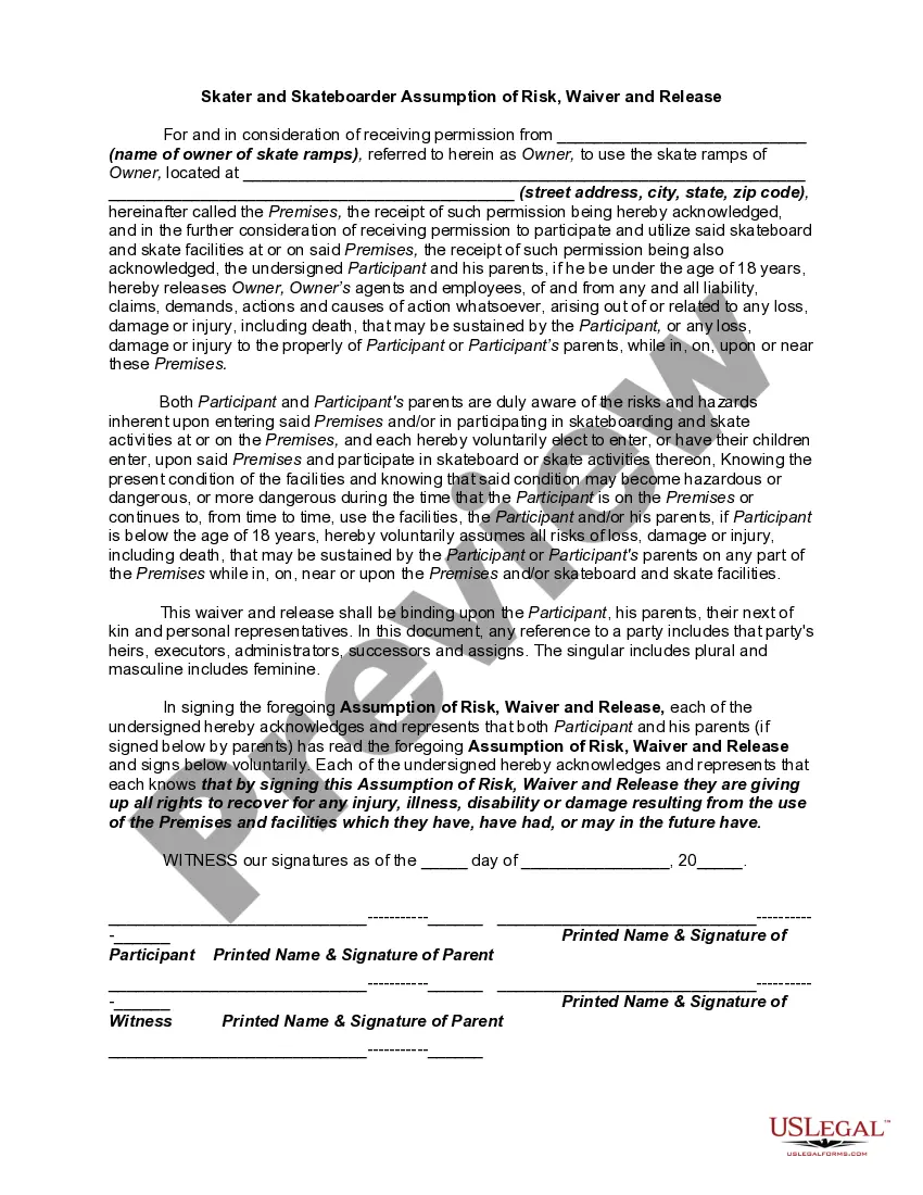 Preview Skater and Skateboarder Assumption of Risk, Waiver and Release