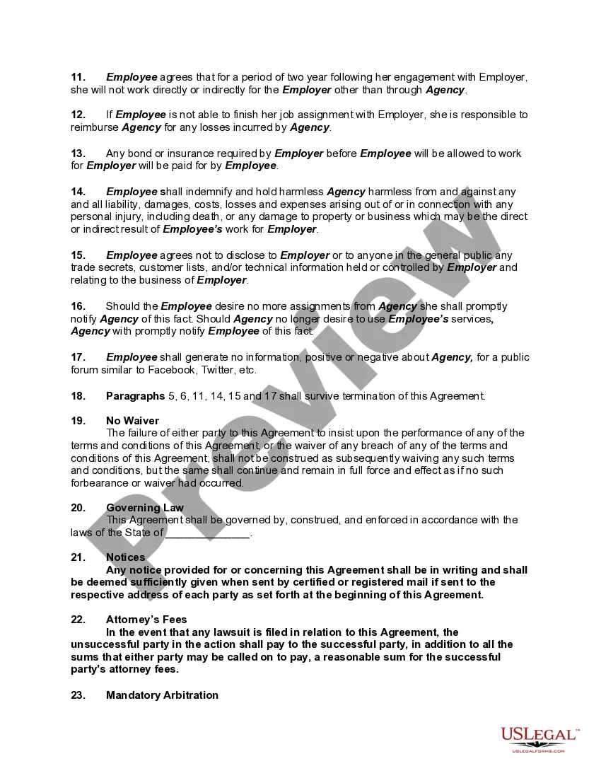 Get Placement Contract between Virtual Staffing Agency and Virtual Employee Preview Placement Contract between Virtual Staffing Agency and Virtual Employee