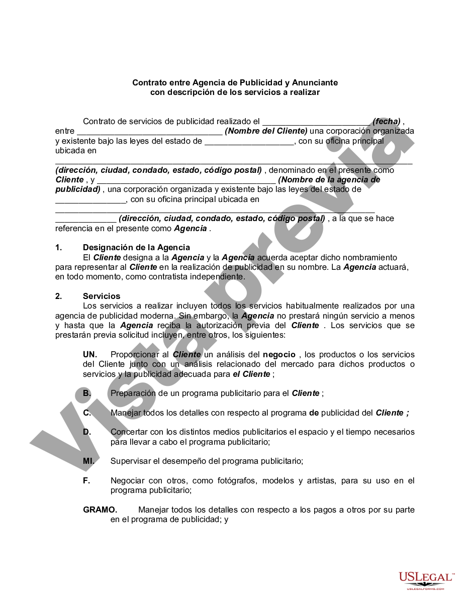 Contrato Entre Agencia De Publicidad Y Anunciante Con Descripción De Servicios A Realizar 2828