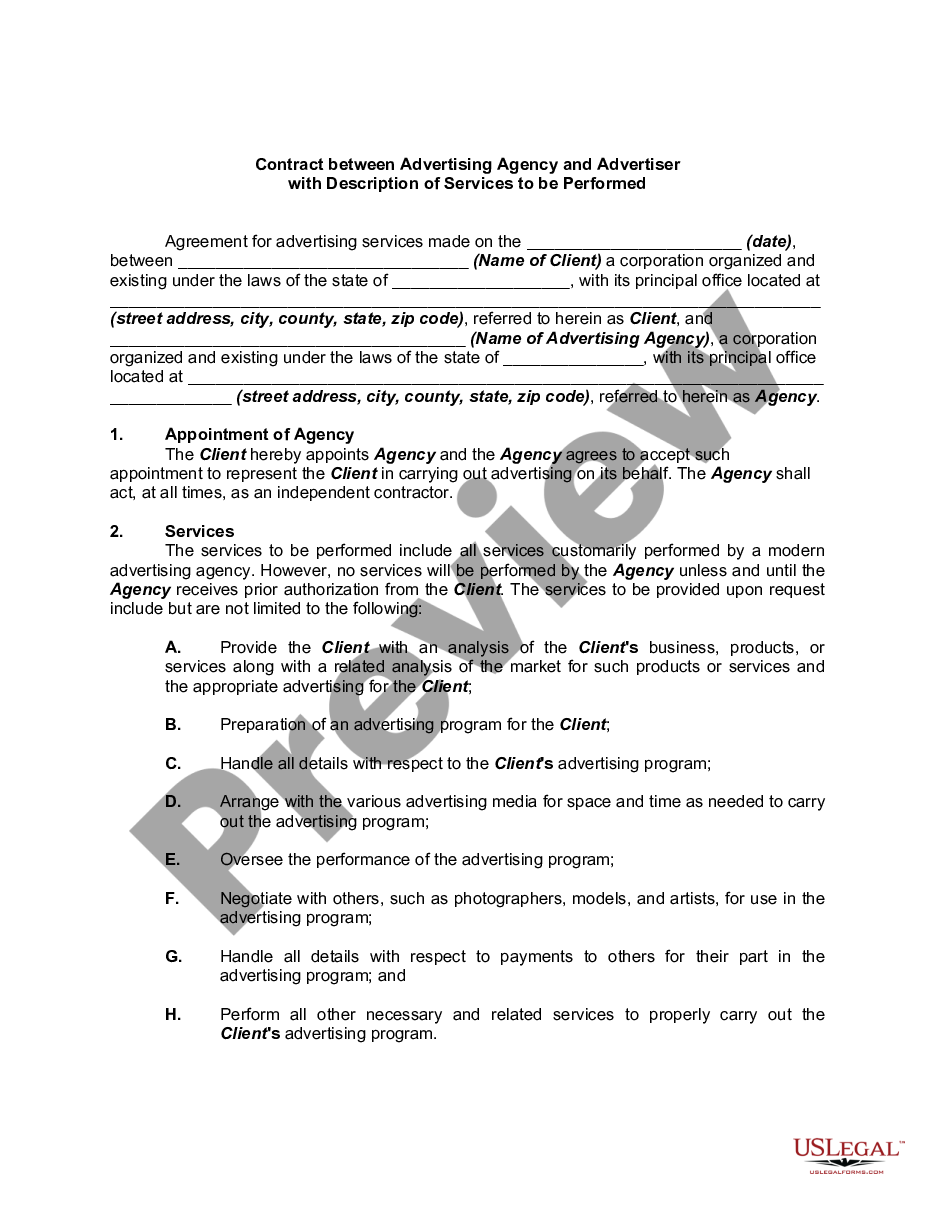 page 0 Contract Between Advertising Agency and Advertiser with Description of Services to be Performed preview