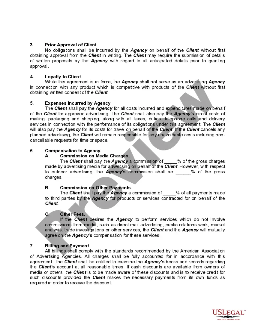 Preview Contract Between Advertising Agency and Advertiser with Description of Services to be Performed