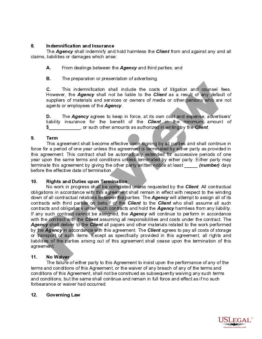Preview Contract Between Advertising Agency and Advertiser with Description of Services to be Performed