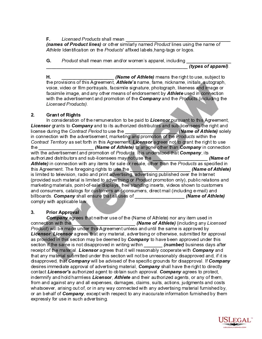 Get Endorsement Agreement Between Apparel Company and Licensor of Professional Athlete - Replacing Agreement with former Licensor Preview Endorsement Agreement Between Apparel Company and Licensor of Professional Athlete - Replacing Agreement with former Licensor