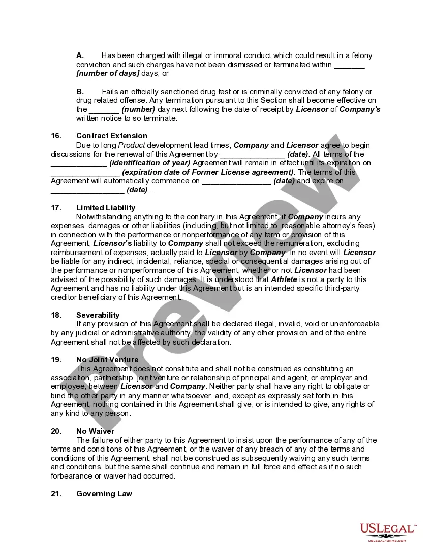 Get Endorsement Agreement Between Apparel Company and Licensor of Professional Athlete - Replacing Agreement with former Licensor Preview Endorsement Agreement Between Apparel Company and Licensor of Professional Athlete - Replacing Agreement with former Licensor
