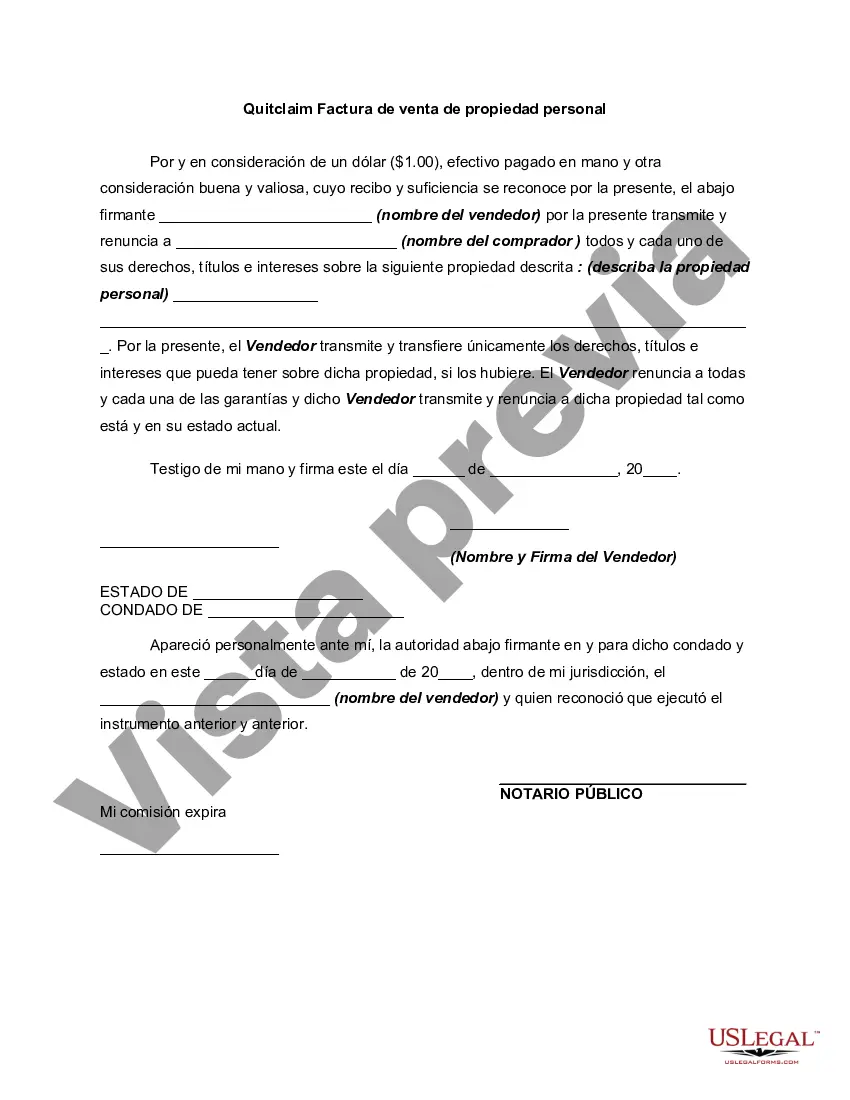 Preview Quitclaim Factura de venta de propiedad personal