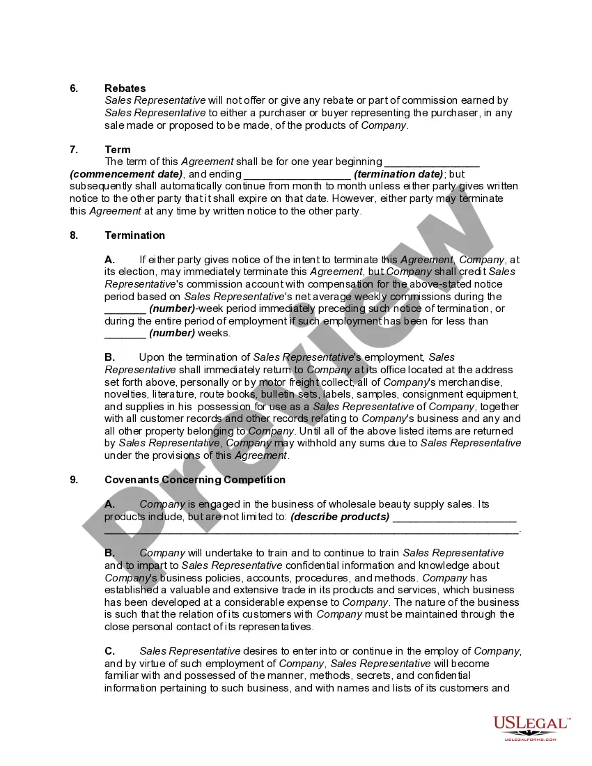 Preview Employment of Sales Representative as Independent Contractor to Sell Wholesale Beauty Supplies in Exclusive Territory