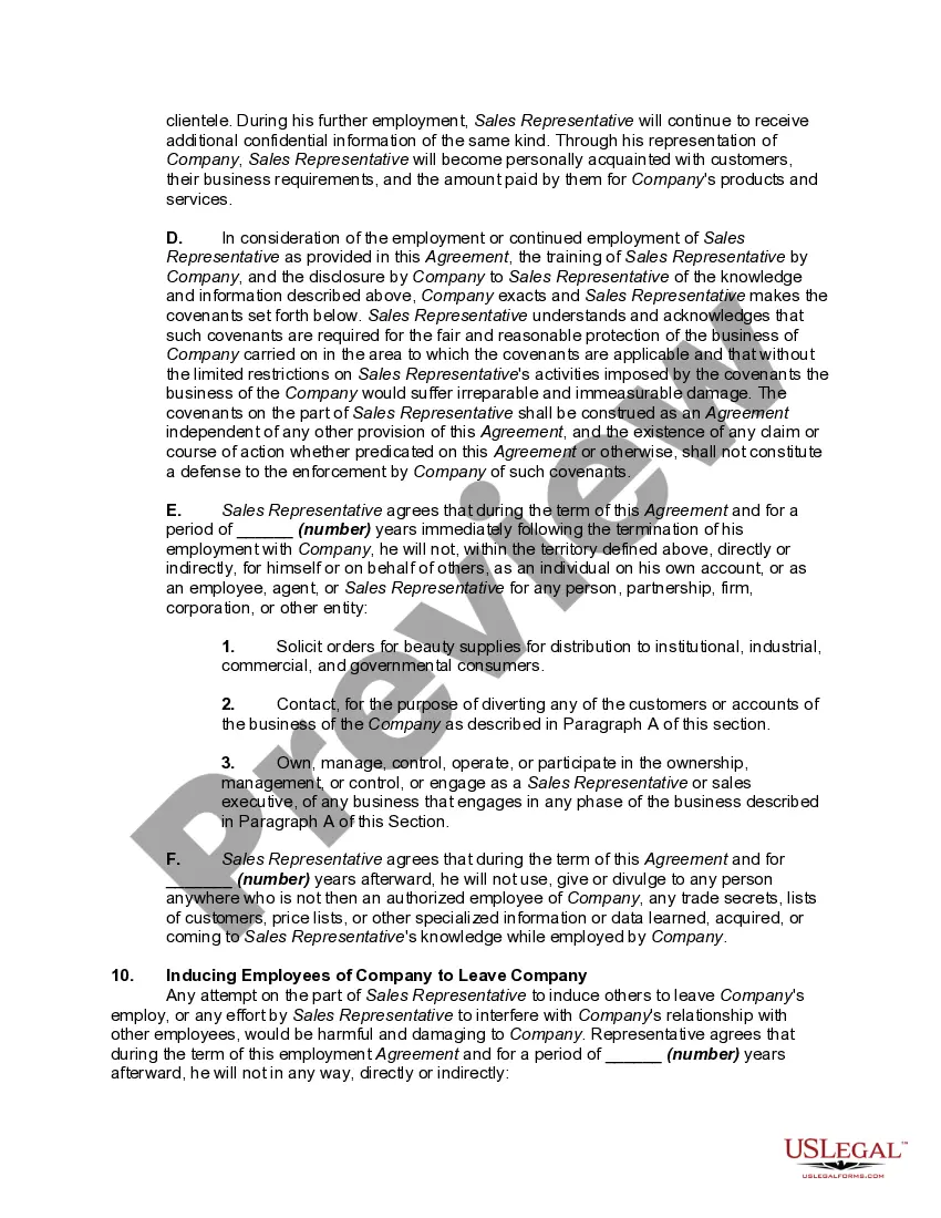 Preview Employment of Sales Representative as Independent Contractor to Sell Wholesale Beauty Supplies in Exclusive Territory