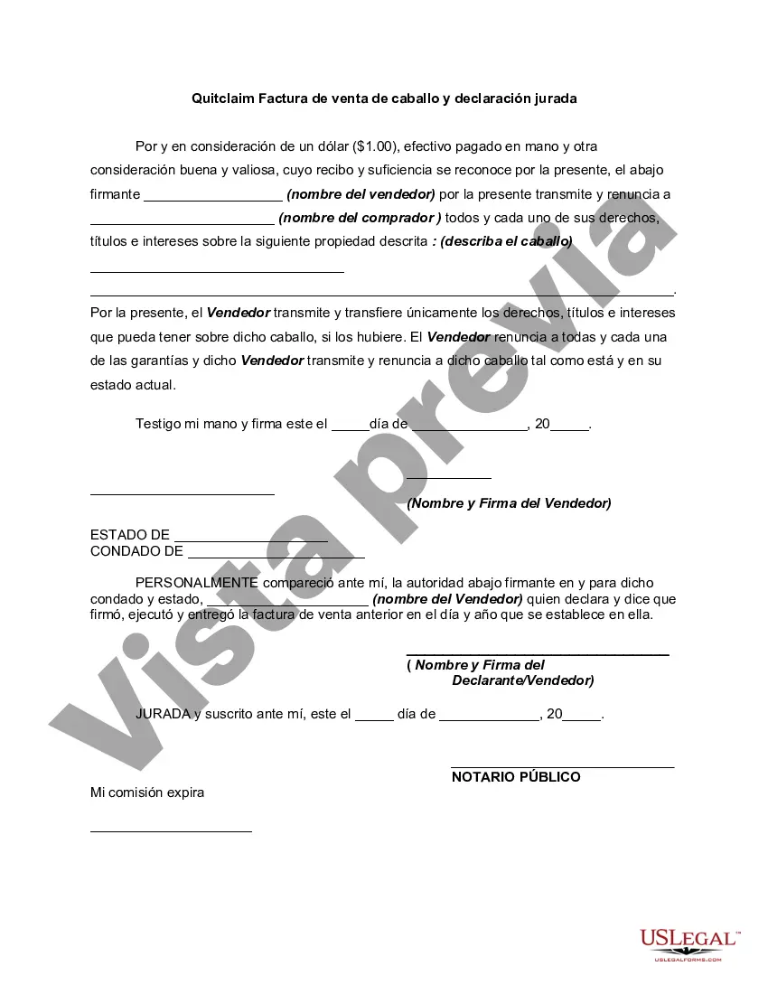 Preview Quitclaim Factura de venta de caballo y declaración jurada