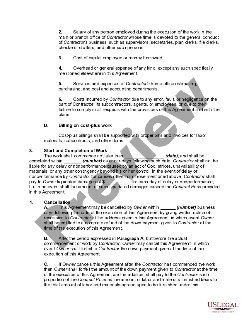 Preview Home Improvement or Remodeling Construction Contract - Cost Plus Basis of Payment