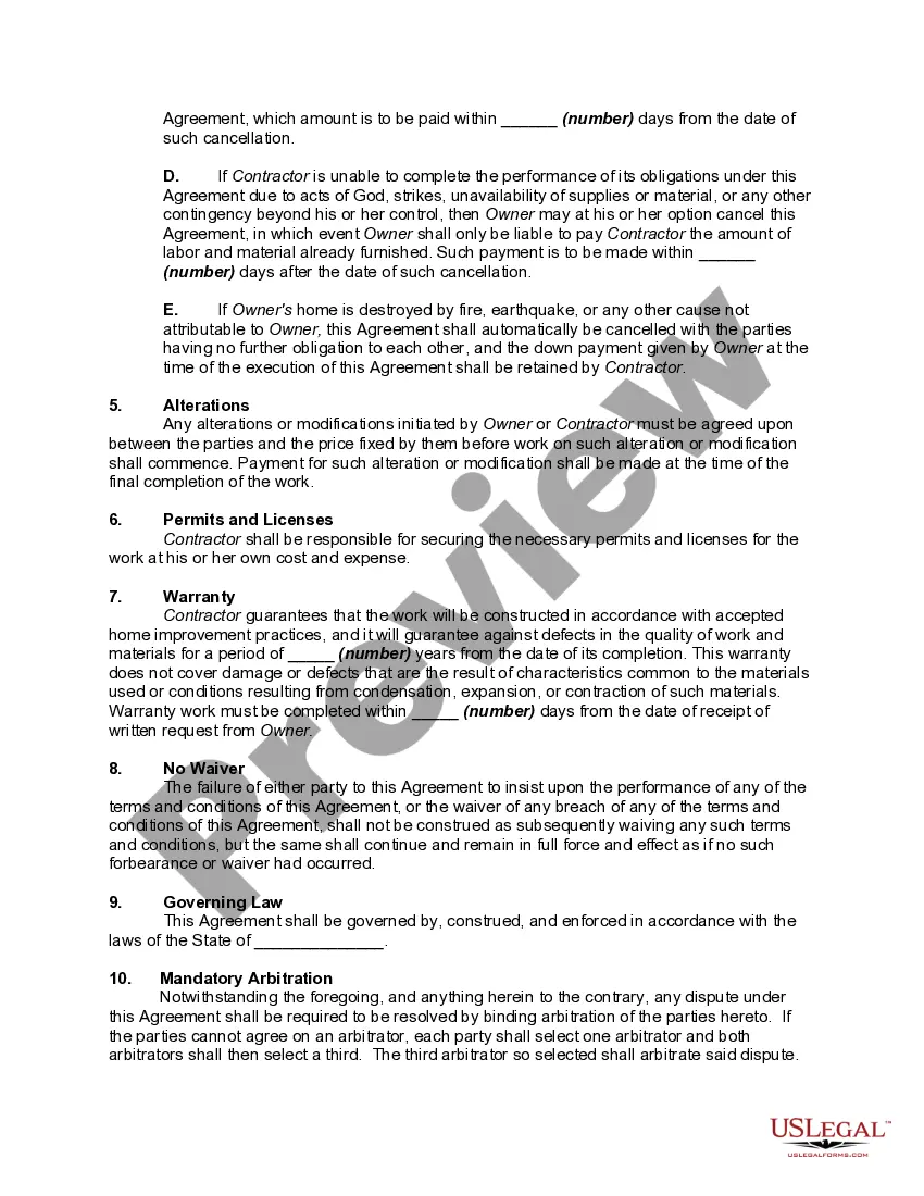 Preview Home Improvement or Remodeling Construction Contract - Cost Plus Basis of Payment