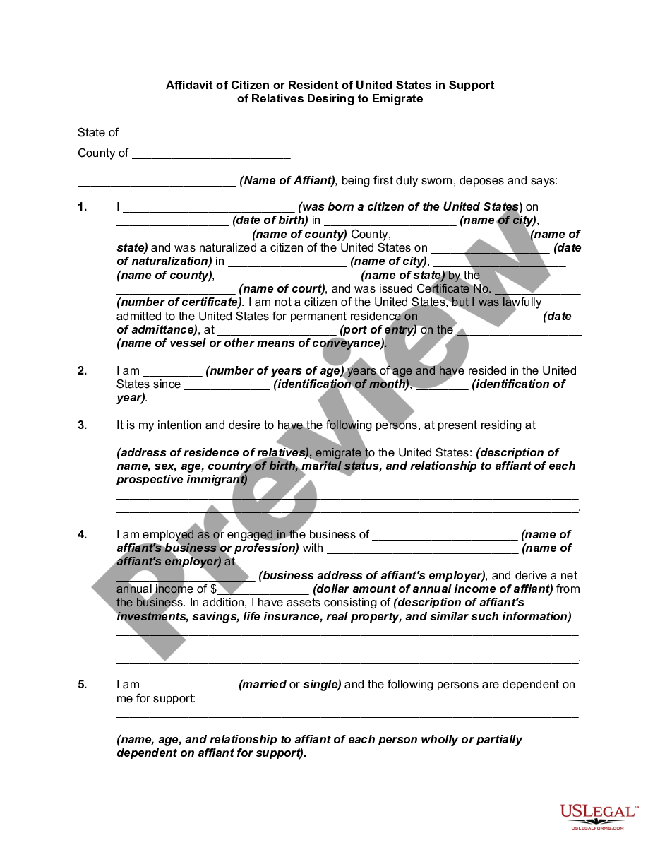 page 0 Affidavit and Proof of Citizenship or Residence of United States in Support of Relatives Desiring to Emigrate preview