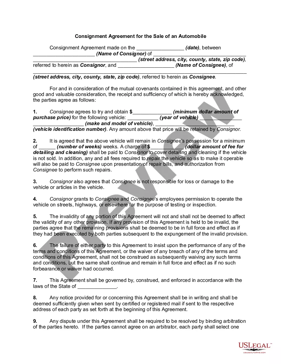 North Carolina Consignment Agreement for the Sale of an Automobile -  Consignment Sale Agreement