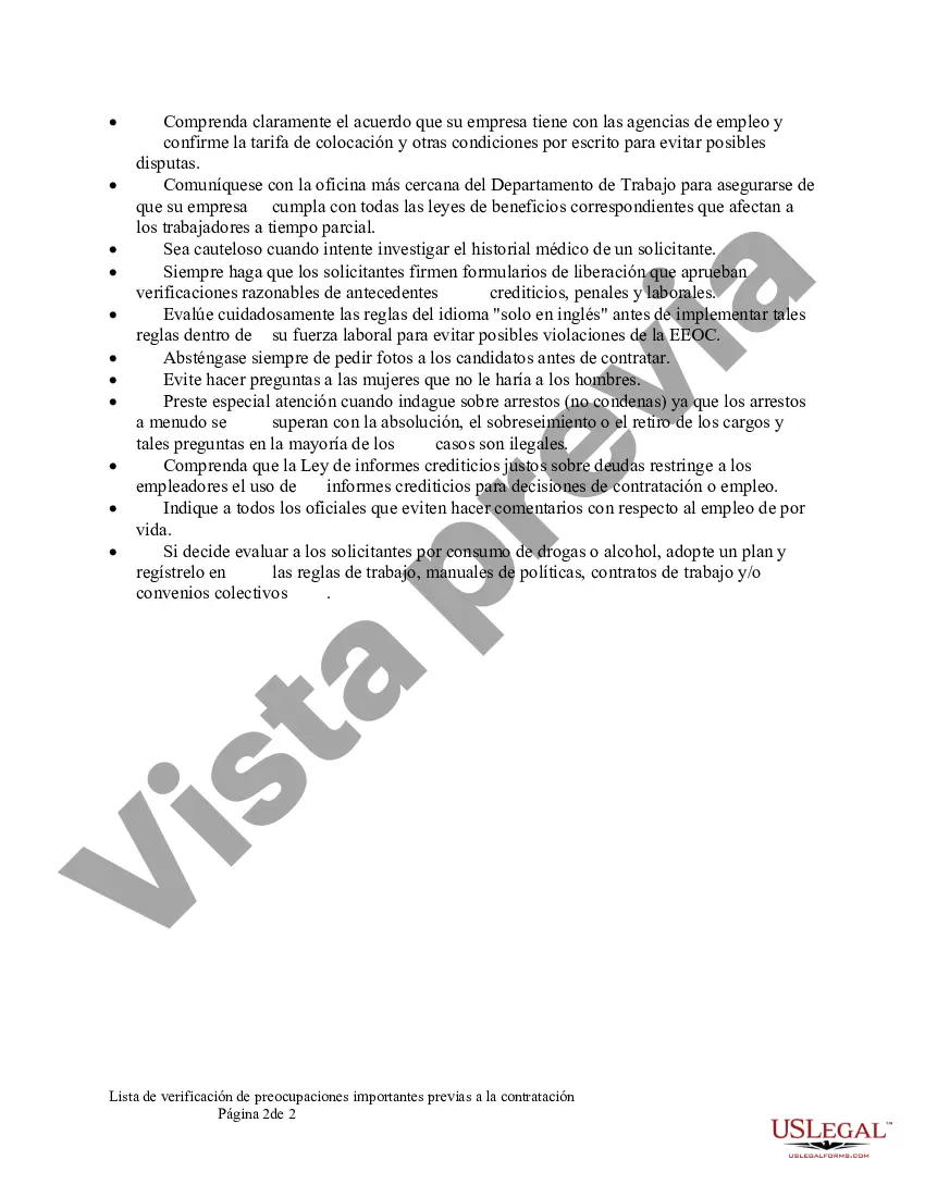 Preview Lista de verificación de preocupaciones importantes previas a la contratación
