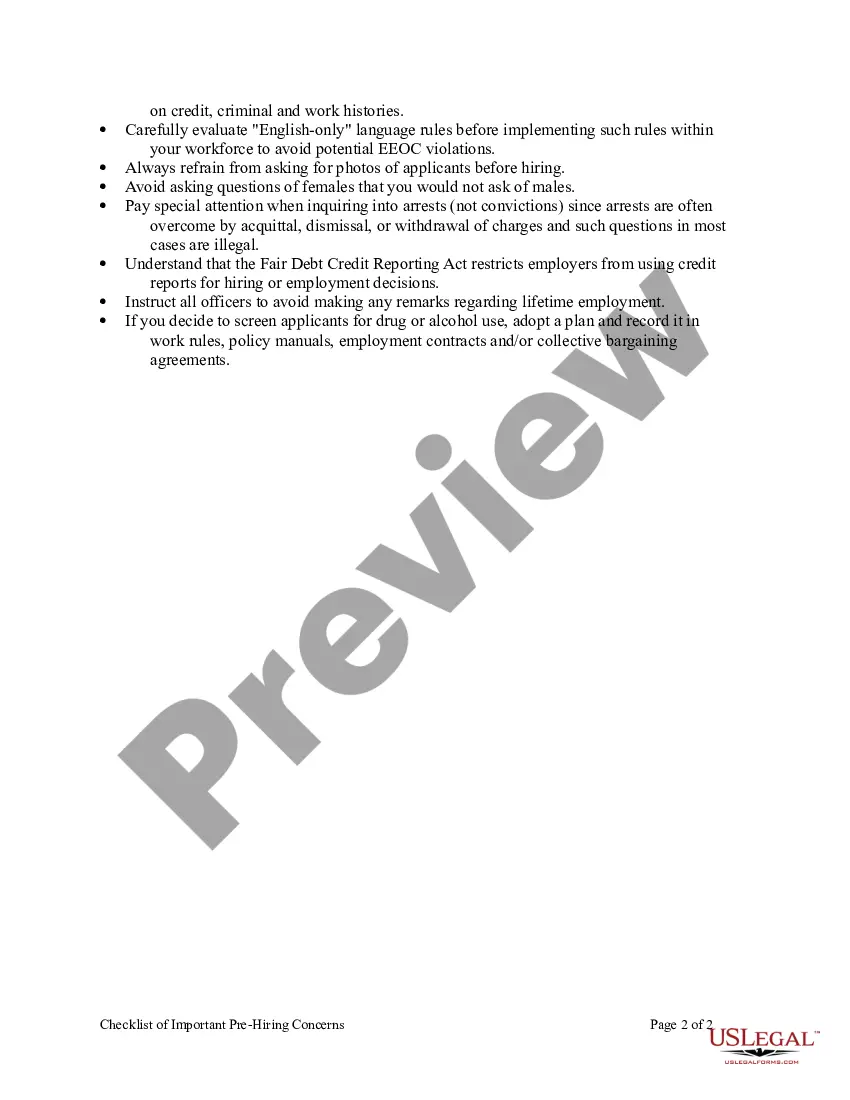 Get Checklist of Important Pre-Hiring Concerns Preview Checklist of Important Pre-Hiring Concerns