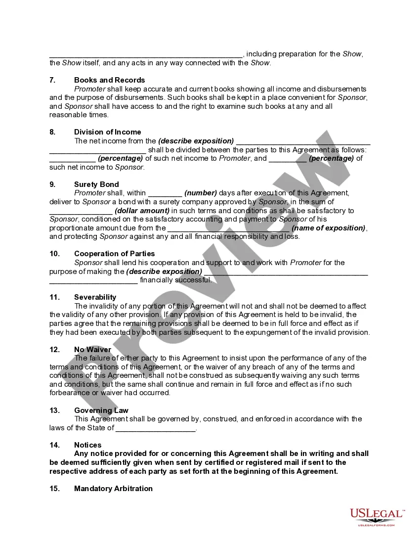 Get Contract for Promotion and Production of Annual Exposition Between Sponsor and Promoter Preview Contract for Promotion and Production of Annual Exposition Between Sponsor and Promoter