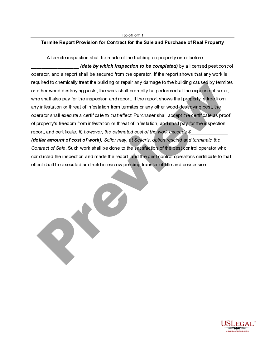 Oklahoma Termite Report Provision for Contract for the Sale and Purchase of Real Property