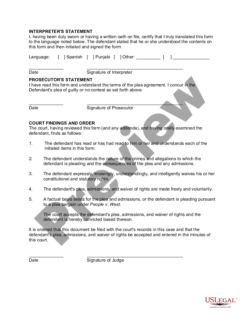 Hillsborough Florida Plea Form with Harvey Waiver | US Legal Forms