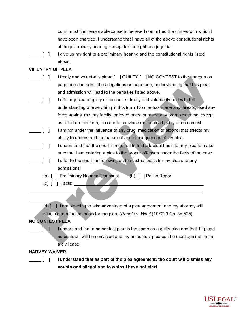 Hillsborough Florida Plea Form With Harvey Waiver | US Legal Forms