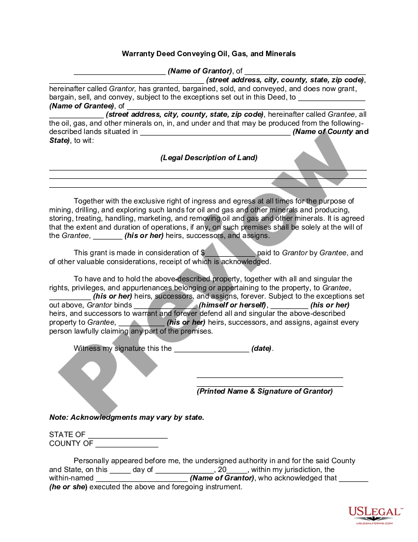 Warranty Deed Conveying Oil, Gas, and Minerals - Mineral Rights | US ...