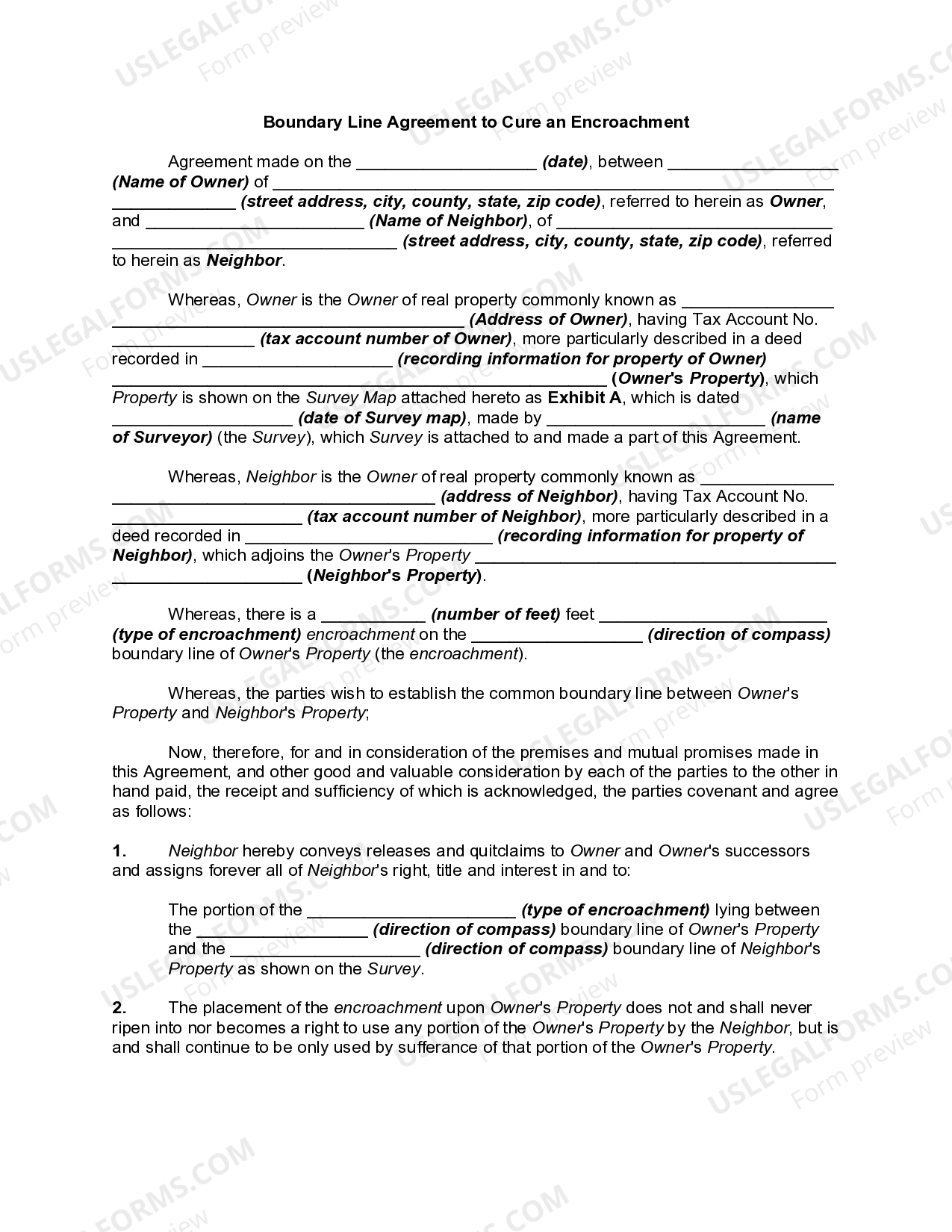 Boundary Line Agreement To Cure An Encroachment Encroachment US 