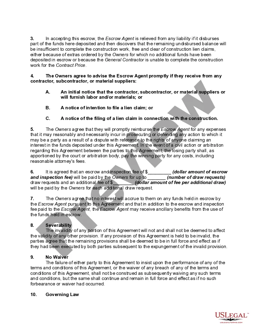 Preview Escrow Agreement regarding Deposit to Fund Completion of Construction of Residential Property under Construction Contract with no Construction Loan