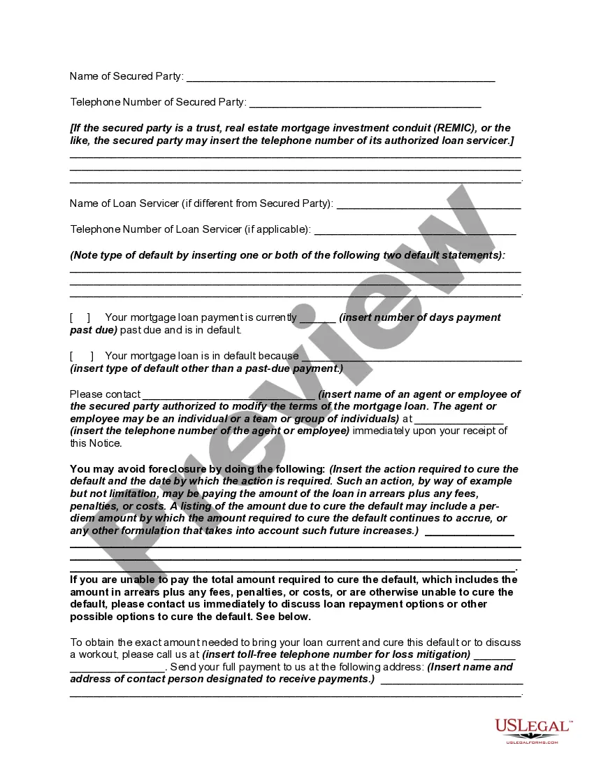 Preview Notice of Intent to Foreclose - Mortgage Loan Default