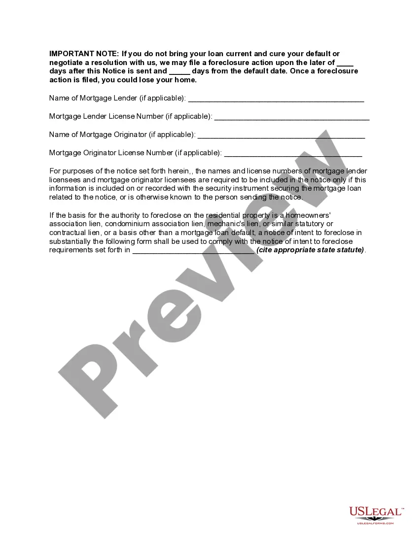 Preview Notice of Intent to Foreclose - Mortgage Loan Default