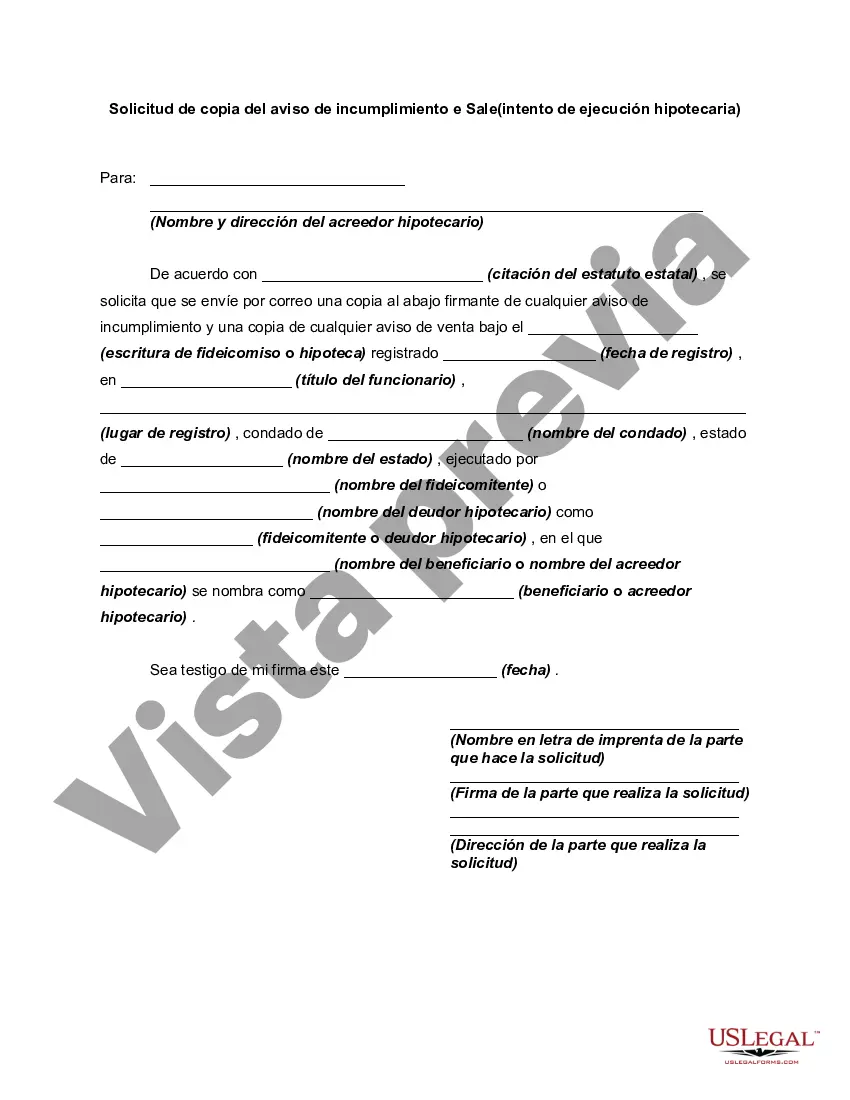 Get Solicitud de copia del aviso de incumplimiento y venta - Intención de ejecución hipotecaria Preview Solicitud de copia del aviso de incumplimiento y venta - Intención de ejecución hipotecaria