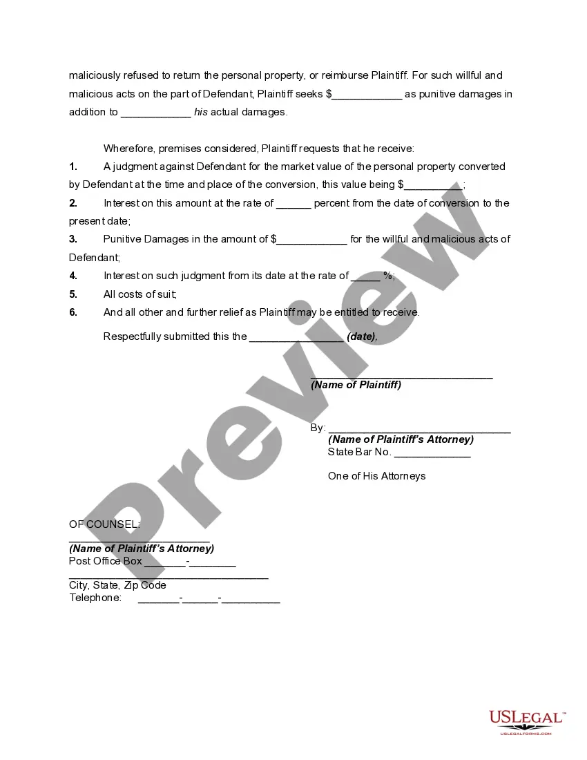 Get Complaint for Conversion Seeking Punitive Damages Preview Complaint for Conversion Seeking Punitive Damages