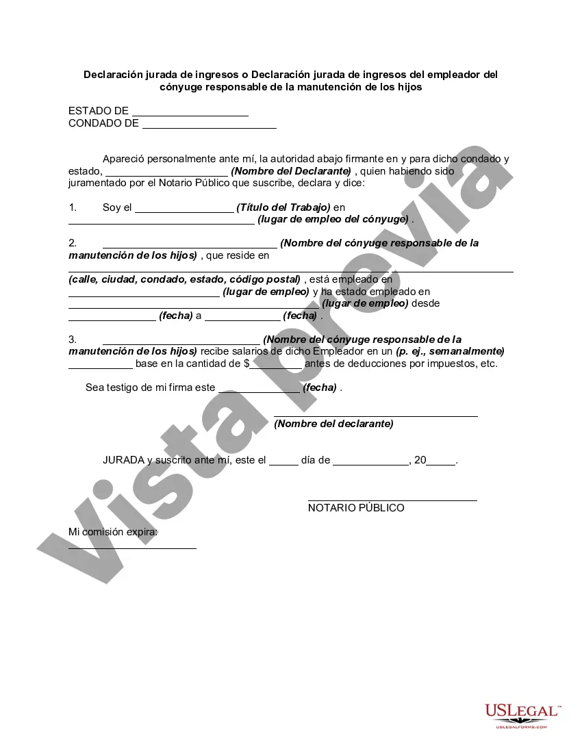 Preview Declaración Jurada de Ingresos o Declaración Jurada de Ingresos del Empleador del Cónyuge Responsable de la Manutención de los Hijos - Activos y Pasivos