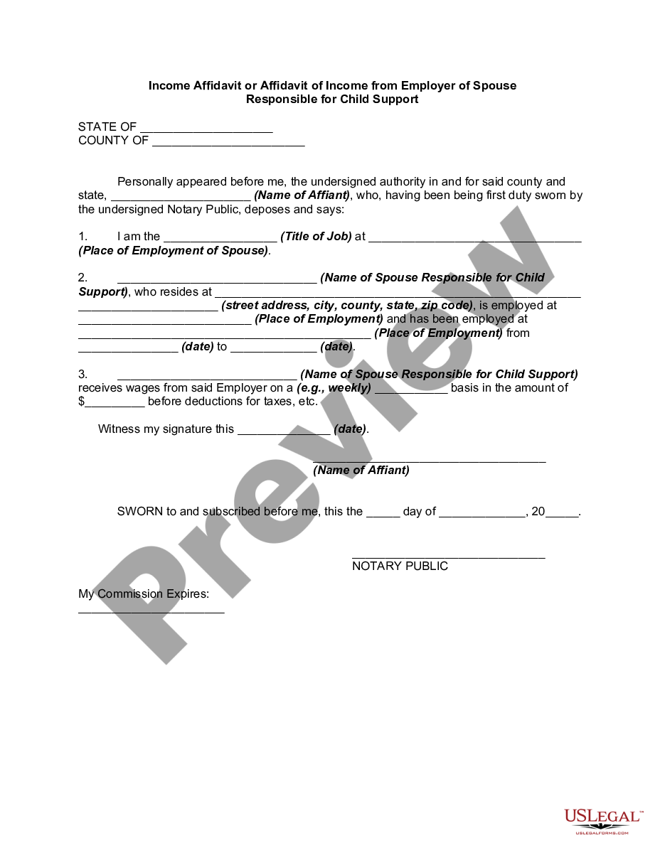 form Income Affidavit or Affidavit of Income from Employer of Spouse Responsible for Child Support - Assets and Liabilities preview