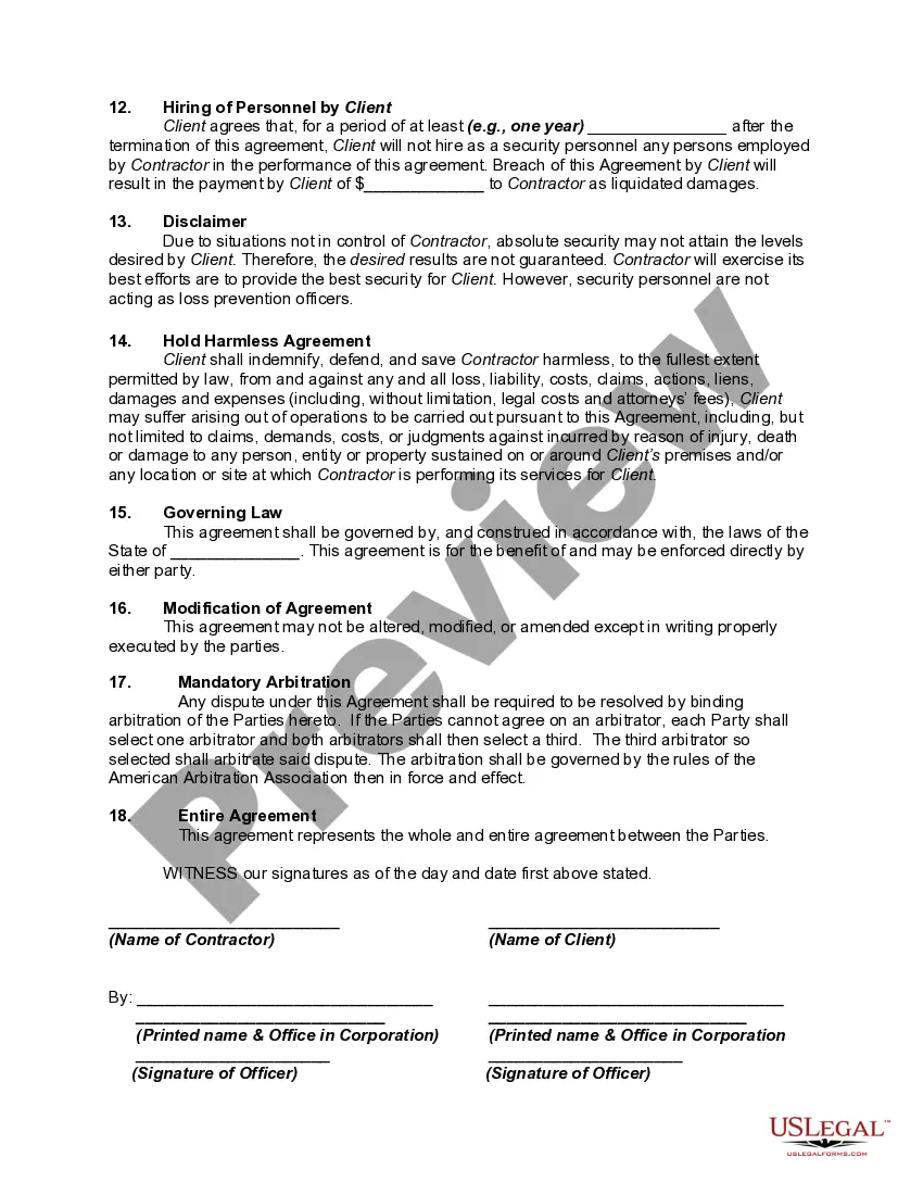 Get Agreement to Provide Security or Alarm, Surveillance and/or Traffic Control Services - Security Personnel to be Independent Contractors - Self-Employed Preview Agreement to Provide Security or Alarm, Surveillance and/or Traffic Control Services - Security Personnel to be Independent Contractors - Self-Employed