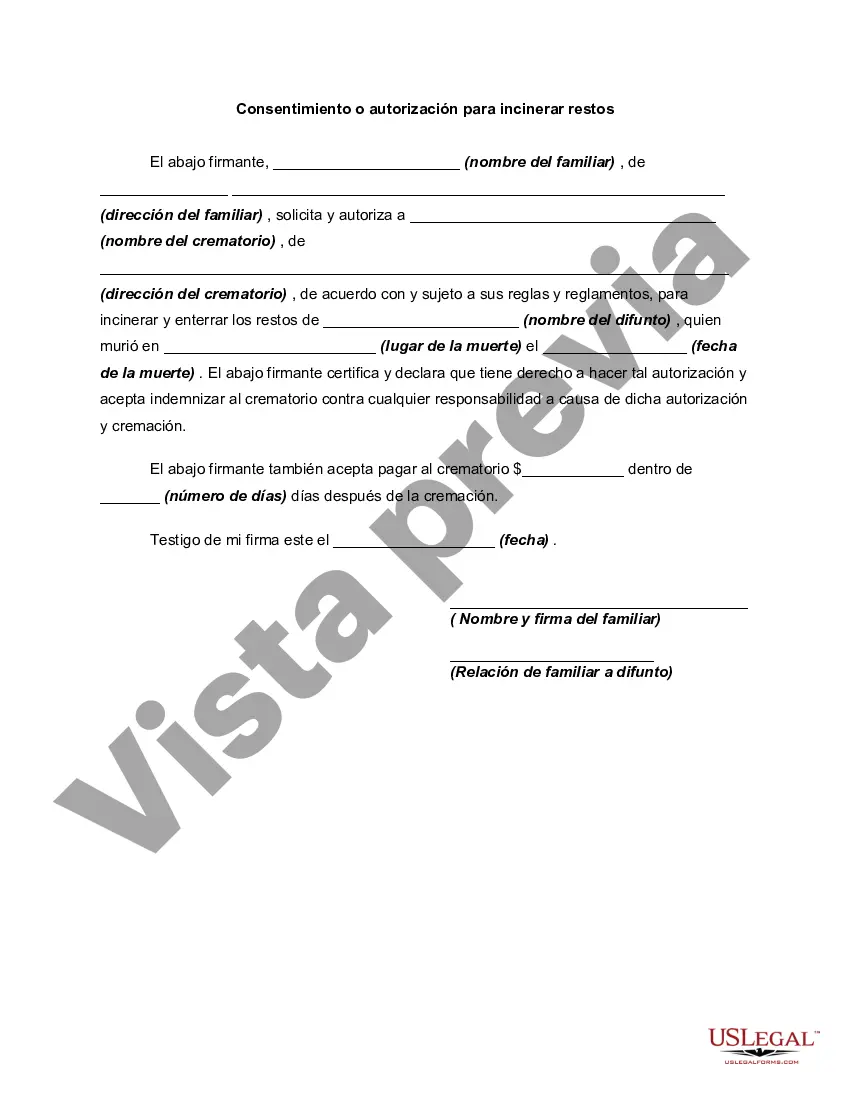 Preview Consentimiento o autorización para incinerar restos