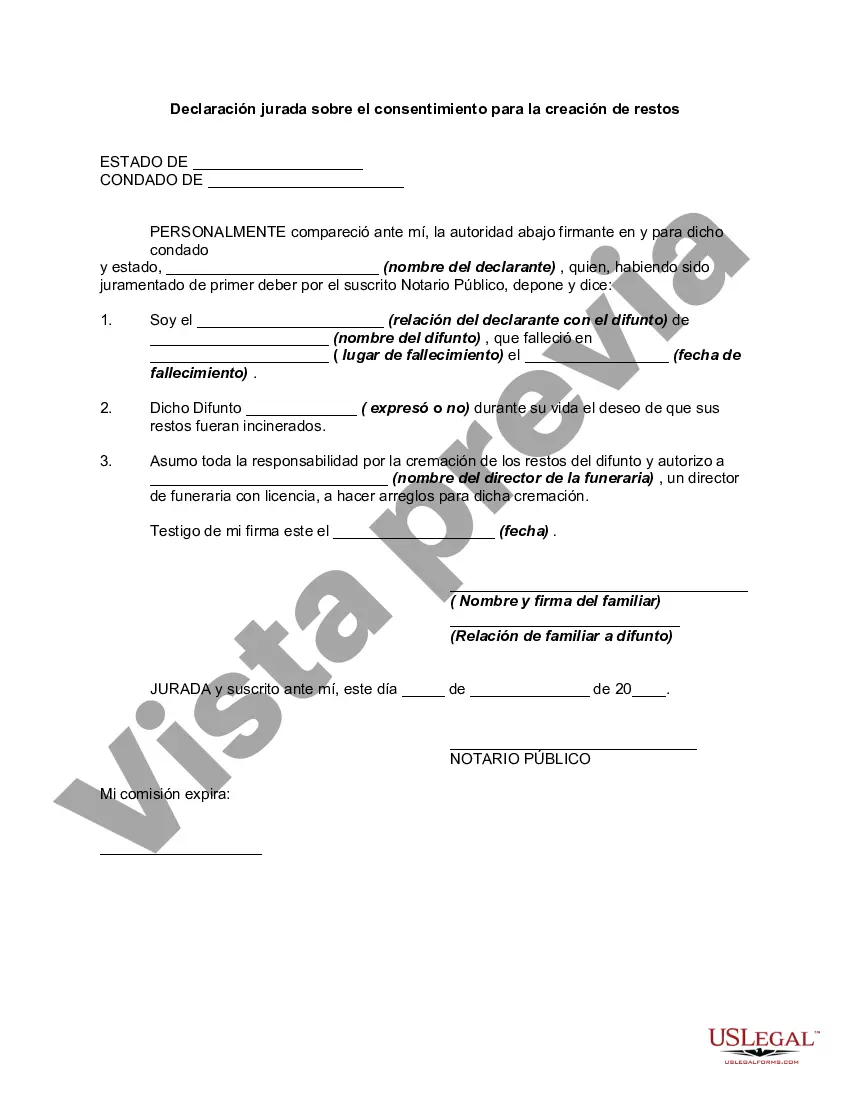Preview Declaración jurada sobre el consentimiento para la cremación de restos