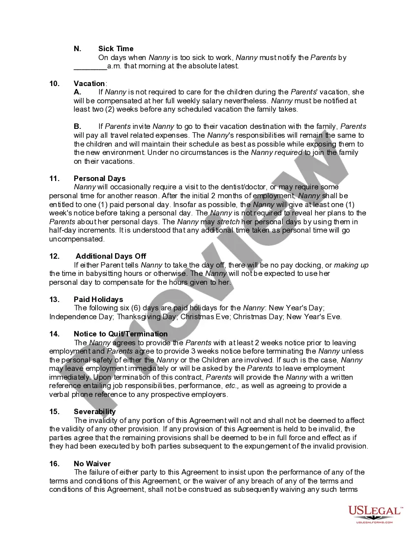Preview Nanny Child Care Agreement with Probationary Period