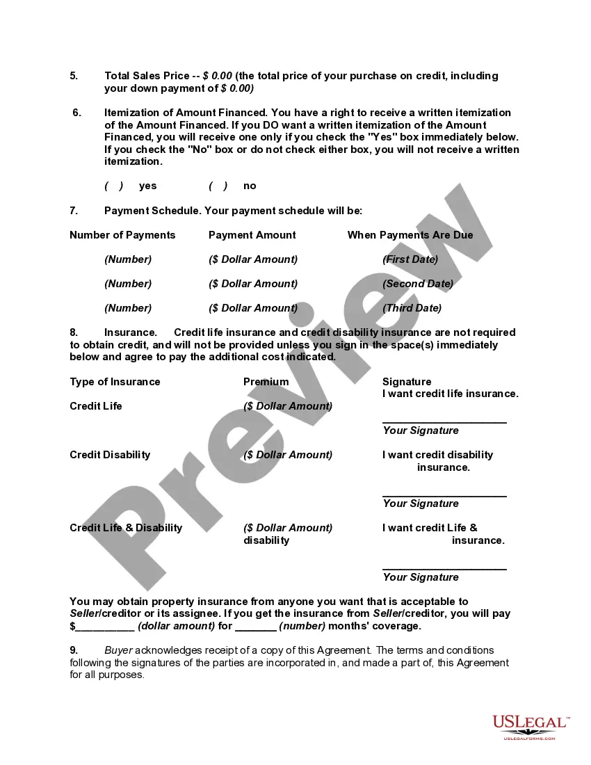 Preview Security Agreement for Retail Installment Sale of Automobile, Car or Motor Vehicle