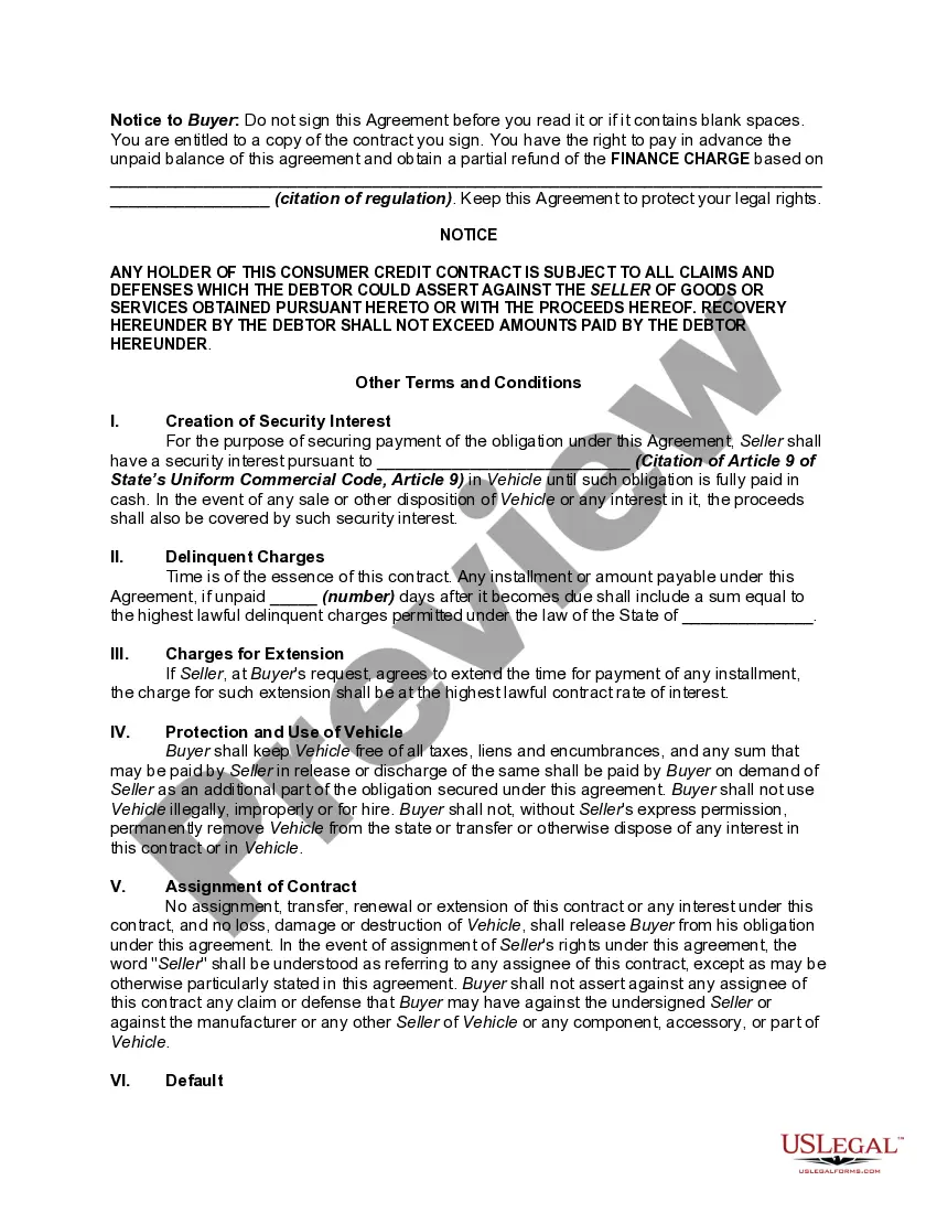 Preview Security Agreement for Retail Installment Sale of Automobile, Car or Motor Vehicle