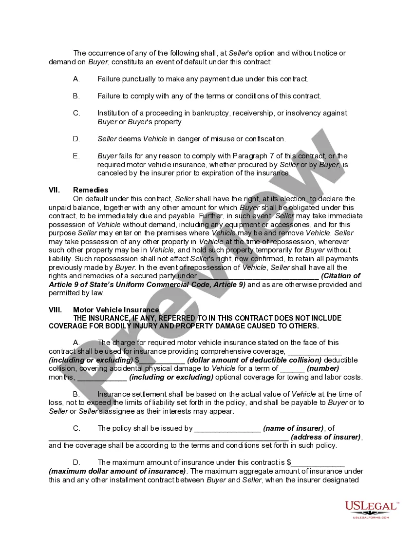 Preview Security Agreement for Retail Installment Sale of Automobile, Car or Motor Vehicle