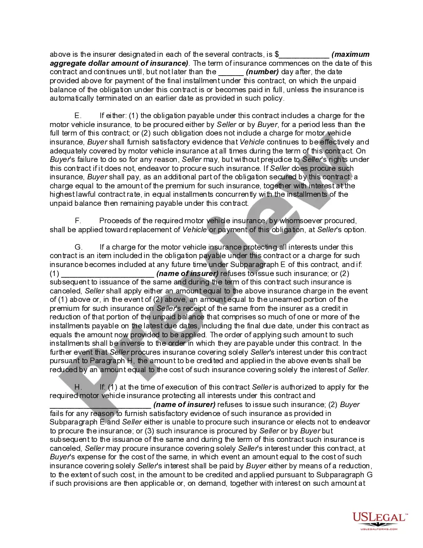 Preview Security Agreement for Retail Installment Sale of Automobile, Car or Motor Vehicle